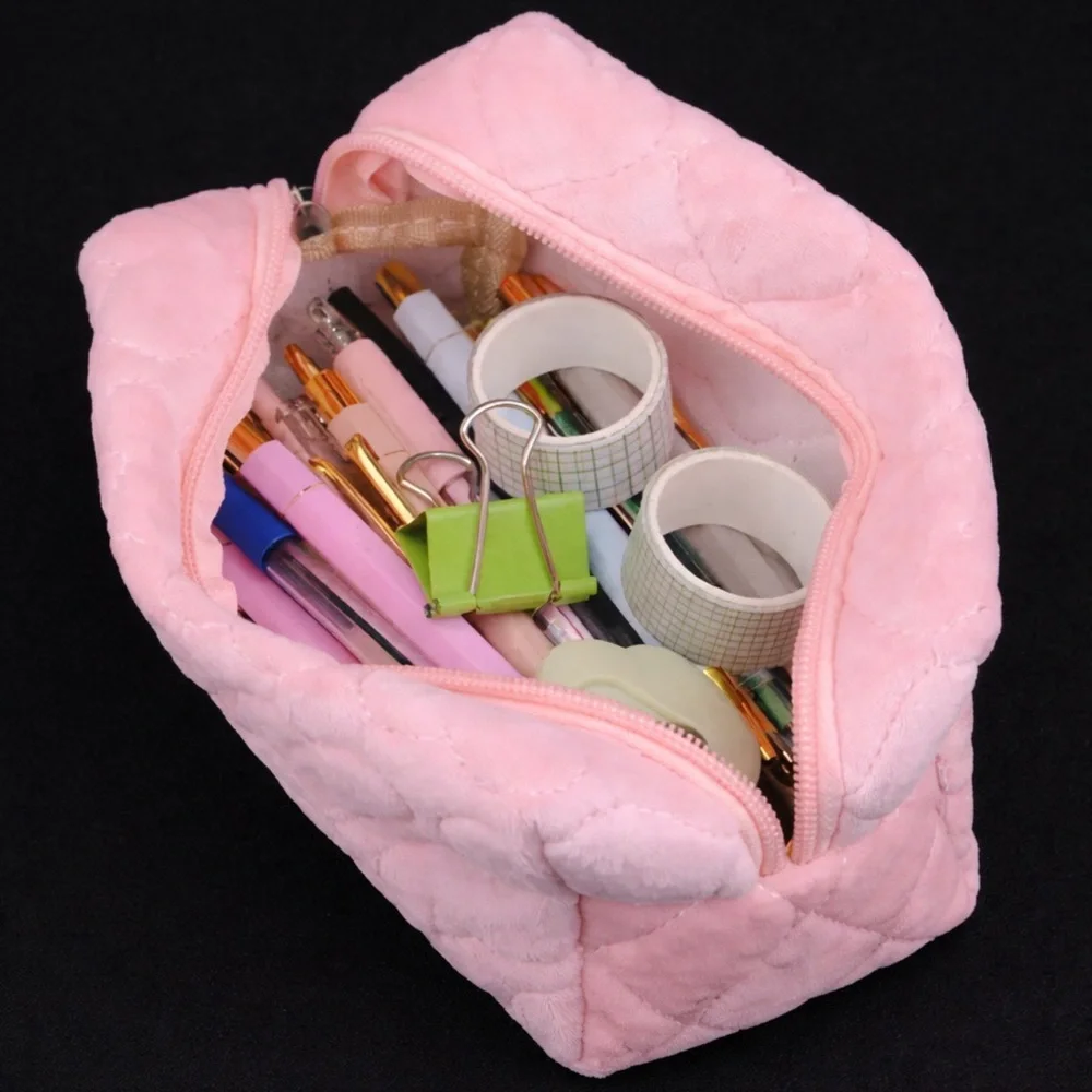 Pink Fuzzy Heart Quilted Makeup Bag Cosmetic Travel Pouch